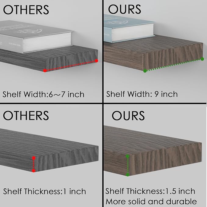 Floating Shelves for Wall - 36 x 9 Inch Wood Shelves for Bathroom, Bedroom, Kitchen Decor, Farmhouse Decor Set of 2, Rustic Brown