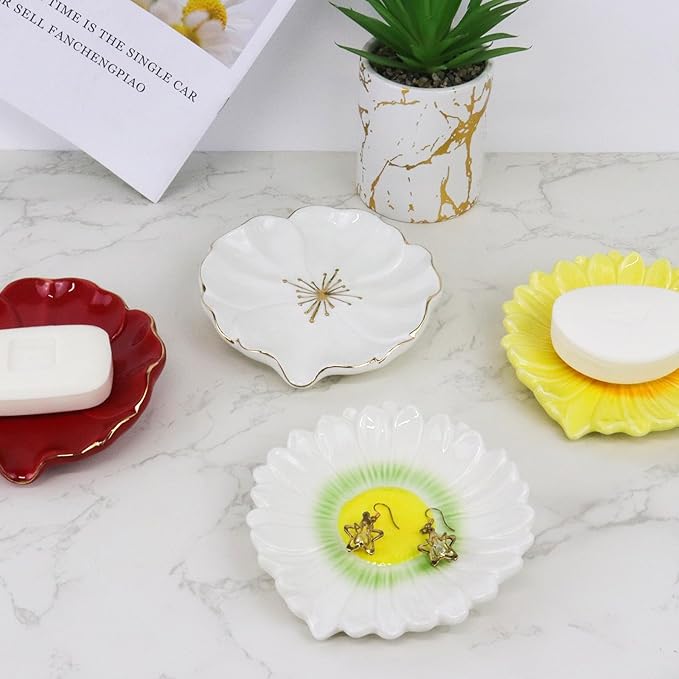 Self Draining Soap Dish Inspired by Daisy Flower Ceramic Waterfall Soap Dish Soap Savers for Bathroom,Shower,Bar Counter