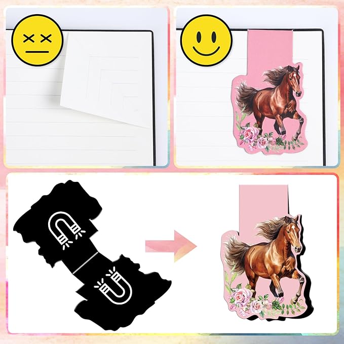 Horse Magnetic Bookmark Gifts - 12 Pcs Funny Animal Magnetic Bookmarks Flower Horse Book Mark Magnets Page Marker Clip Gift for Book Lovers Students Teacher School Reading Book Marks