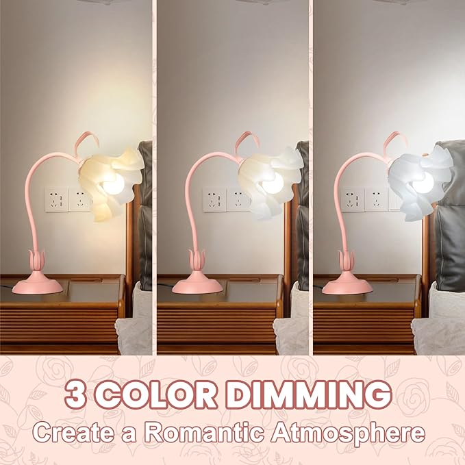 Flower Desk Lamp,LED Reading Light Bedside Vintage Flower Night Light,3 Colors Modes Cute Bedside Lamps Decor,Living Room Bedroom Room Kawaii Lighting Table Lamps Home Decoration (Pink)