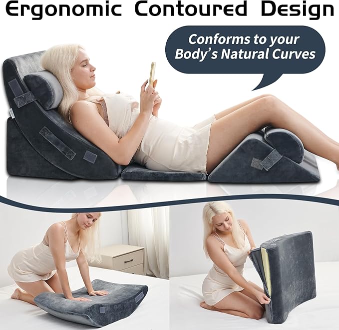 Qirroboni 6PCS Orthopedic Bed Wedge Pillow Set, Adjustable Pillows for Neck Back and Leg Pain Relief Comfortable & Post Surgery Foam- Heartburn Anti Snoring Acid Reflux & GERD Sleeping Charcoal Grey