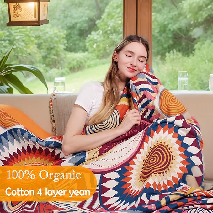 Boho Throw Blanket, 100% Organic Muslin Cotton Breathable Ultra Soft Bed Quilt Throw - All Season Floral Bird Butterfly Farmhouse Decor Blanket for Sofa Couch Chair and Gift. 60" x 80"