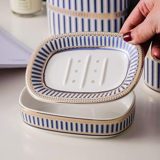 Self Draining Soap Dish, Double-Layer Bar Soap Tray, White Ceramic Soap Dish with Elegant Patterns (Style A)