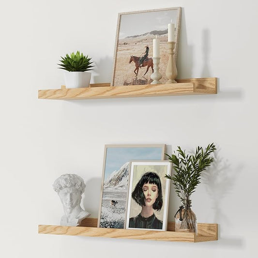 Oak Floating Shelves Wall Mounted Set of 2, Rustic Large Wall Shelves for Storage with Lip, Display Picture Ledge with Lip for Storage, Bedroom, Living Room, Bathroom,Nursery Display