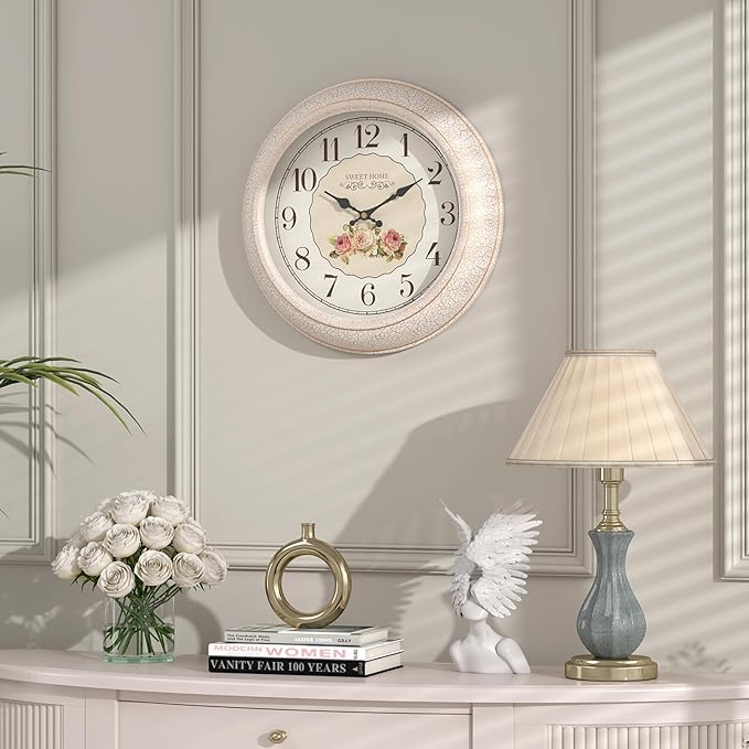 Abdurey French Flower Decorative Wall Clock, Silent Battery Operated Sweet Rose Style Floral Decor Wall Clocks, for Farmhouse, Kitchen, Bedroom, Bathroom, 11.5"