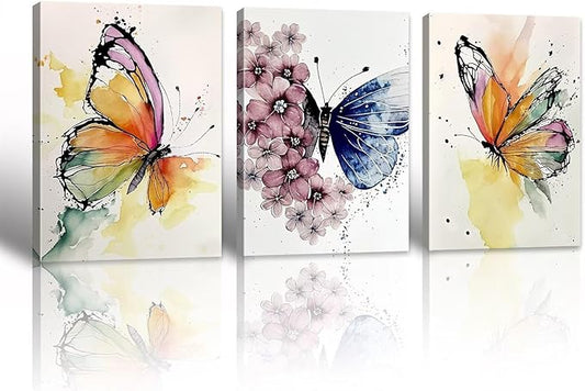 JiazuGo Butterfly Wall Decor - Colorful Butterfly Canvas Wall Art for Girls Bedroom Modren Butterflies Nursery Decor Posters Artwork Bathroom Home Decorations 12" X 16" X 3 Pieces