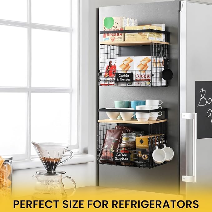 1 SET Strong Magnetic Shelf for Fridge with Tag & Bamboo Top, XXL Large Capacity Magnetic Spice Rack Shelves for Side of Refrigerator, Kitchen Pantry Storage Organizer, Multiuse Food Fruit Veg Baskets
