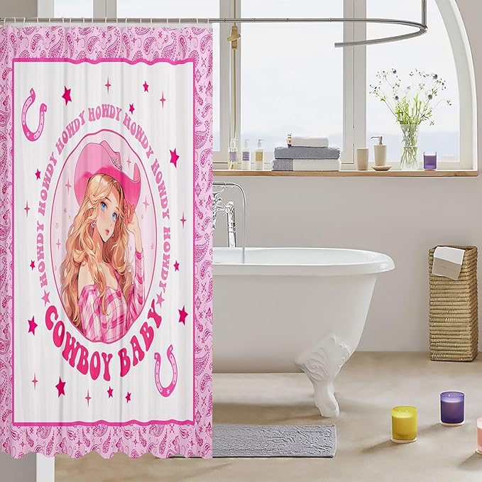 Manfei Western Cowgirl Kids Shower Curtains,Cowboy Horseshoes Stars Geometric Patchwork Bathroom Curtains for Girls Women,Paisley Boho Pink Romantic Waterproof Curtains,12 Hooks Suits,72" W x 84" L