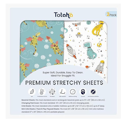 TotAha Premium Stretchy Dinosaur Crib Sheets (2-Pack)-Hypoallergenic, Silky Comfort, Buttery Soft, Calming Effect, All-Season Jersey-Knit Sheets, 9'' Extra Deep Pocket, Space Dino