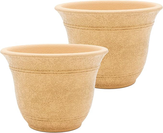 The HC Companies Sierra Round Self-Watering Pot - Lightweight Plastic Planter for Herbs & More - Durable Plant Pots for Indoor Plants & Outdoor Plants (7.5” Arizona Sand, Pack of 2)