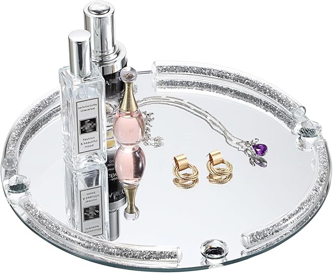 Hipiwe Crushed Diamond Perfume Tray - 9.8" Round Mirror Vanity Trays Glass Decorative Trays for Bathroom Countertop Cosmetic Makeup Organizer Tray Silver Jewelry Trays