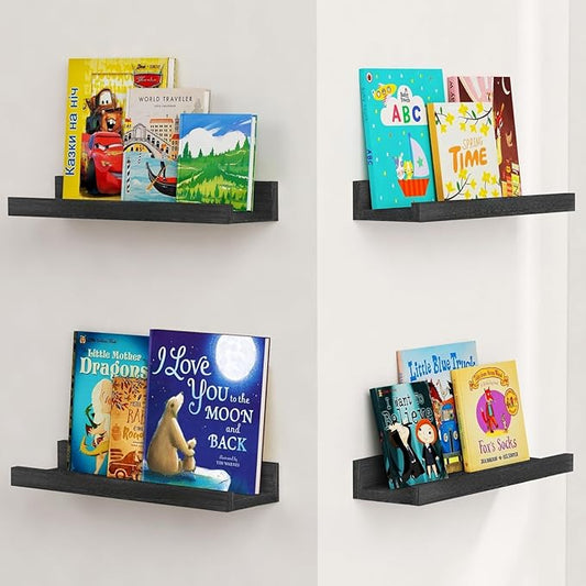 Forbena Corner Floating Shelves for Wall with Lip Set of 4, Black Small Wood Picture Ledge Shelf for Living Room Bedroom Bathroom Nursery Books, Repisas Flotantes de Pared para Cuarto Sala Baño Negro