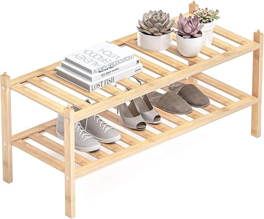 Shoe Rack, 2-Tier Bamboo Stackable Shelf Storage Organizer, Stand for Closet, Entryway, Hallway, Bathroom and Living Room（Natural）