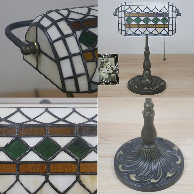 Tiffany Style Bankers Table Lamp Stained Glass Piano Desk Lamp Vintage Bedroom Bedside Lamp for Study,Antique Alloy Base,Zipper Switch,Green e