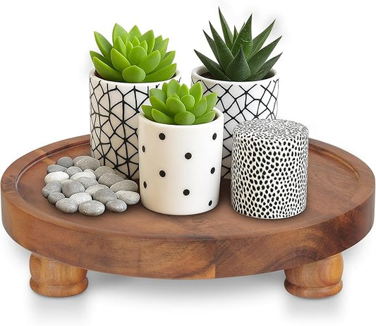 Demigo 10" Acacia Wood Round Tray - Decorative Plant Stand, Farmhouse Countertop Organizer, Multi-Purpose Display Pedestal, Riser Board for Soap, Perfume, Candles, Sponge, Bathroom, Kitchen