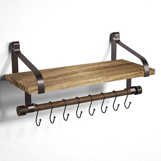 Love-KANKEI Floating Shelf Wall Shelf for Storage Rustic Wood Kitchen Spice Rack with Towel Bar and 8 Removable Hooks for Organize Cooking Utensils or Mugs Carbonized Black/Brown Brackets