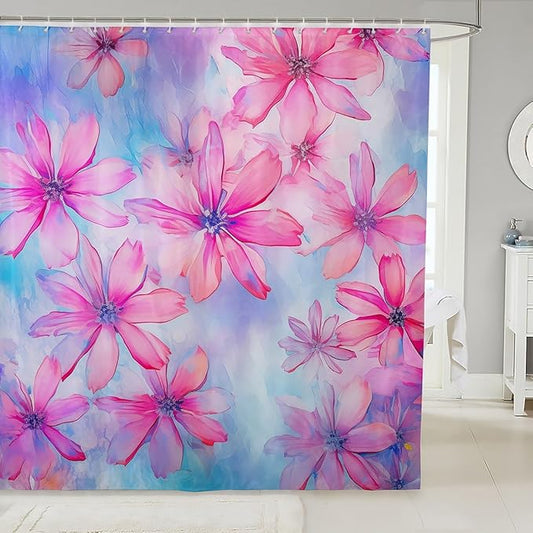 Feelyou Daisy Fabric Shower Curtain for Kids Boys Girls Pink Flower Bathroom Waterproof Accessories with 12 Hooks Floral Shower Curtain Wildflower Botanical Curtains,72x84 Inches