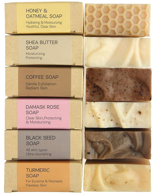 Bar Soap Set for Normal Skin – Natural Soap, Cold Processed Castile Soap Bar, Honey & Oatmeal soap, Blackseed, Shea Butter, Rose essential oil, Coffee, Turmeric Soap Bar (6PK)