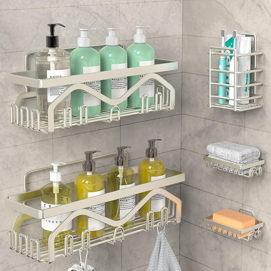 Coraje Shower Caddy, Shower Shelves [5-Pack], Adhesive Shower Organizer No Drilling, Large Capacity, Rustproof Stainless Steel Bathroom Shower Organizer, Shower Shelf for Inside Shower (Silver)