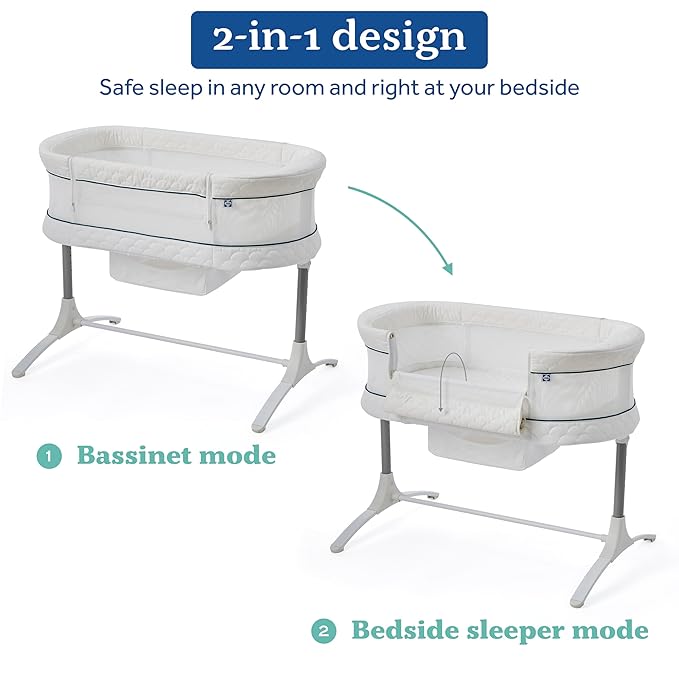 Sealy Baby Cozy Cool Breathable Airy 2-in-1 Baby Bassinet & Bedside Sleeper, Bedside Bassinet for Baby, Cooling, Height Adjustable, Stand-Alone or Bedside Sleeper, Drop-Down Panel for Easy Access