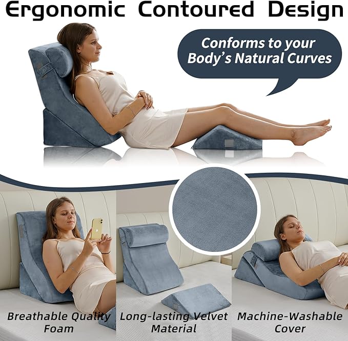 Qirroboni 4PCS Orthopedic Bed Wedge Pillow Set, Adjustable Pillows for Neck, Back and Leg Pain Relief Comfortable & Post Surgery Foam - Heartburn, Anti Snoring, Acid Reflux & GERD Sleeping Navy