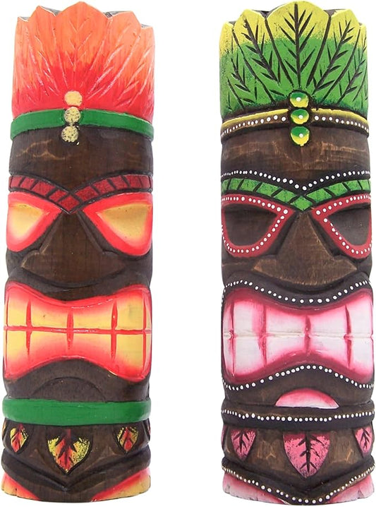 Painted Tiki Wooden Statues, Freestanding, Beach Décor, Set of 2 Assorted Colors, 12 Inches High