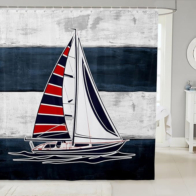 Feelyou Sailboat Bathroom Waterproof Accessories with 12 Hooks Nautical Decor Fabric Shower Curtain for Kids Boys Girls Sea Adventure Shower Curtain Ocean Themed Curtains,72x84 Inches