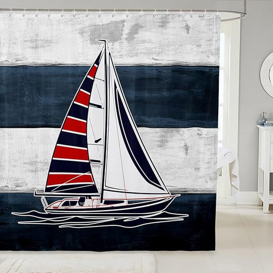 Feelyou Sailboat Bathroom Waterproof Accessories with 12 Hooks Nautical Decor Fabric Shower Curtain for Kids Boys Girls Sea Adventure Shower Curtain Ocean Themed Curtains,72x72 Inches