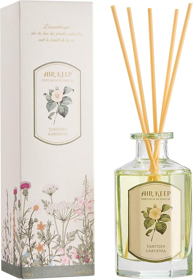 Airkeep Reed Diffuser Set-6.09 oz (180ml) Tahitian Gardenia Jasmine Scented Diffuser with 8 Reed Sticks Home Fragrance Oil Diffuser for Bathroom Shelf Decor