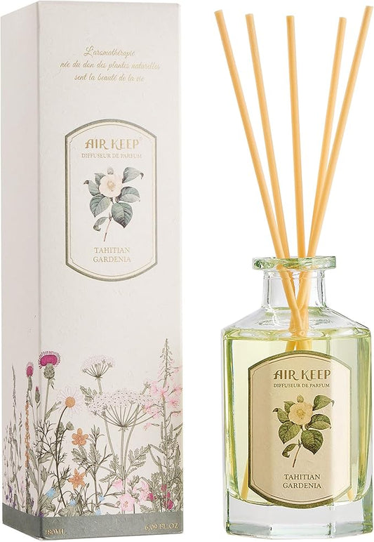 Airkeep Reed Diffuser Set-6.09 oz (180ml) Tahitian Gardenia Jasmine Scented Diffuser with 8 Reed Sticks Home Fragrance Oil Diffuser for Bathroom Shelf Decor