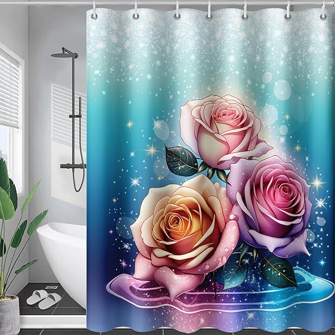 AILONEN Rose Shower Curtain for Bathroom Decor,Galaxy Pink Rose Bath Curtain Gifts for Girls Women,Modern Minimalism Curtain,Polyester Waterproof with 12 Plastic Hooks, 72" W*96" H