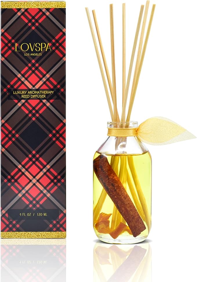 LOVSPA Holiday Spiced Cinnamon & Orange Scented Sticks Reed Diffuser with Mandarin Orange, Cloves and Cinnamon, Continuous Scent Air Freshener, Made in The USA