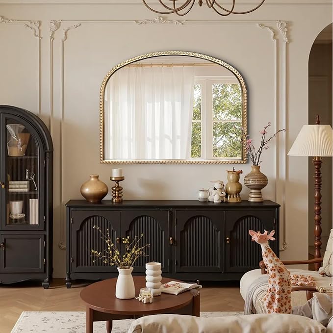 Gold Arch Mirror, 36"x28" Metal Beaded Frame Mirror, Ornate Decorative Accent Mirrors, Vintage Arched Mirrors for Vanity Bathroom Bedroom Entryway Living Room Fireplace