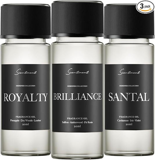 Top 3 Designer Scents Discovery Set Collection Diffuser Oils | Aromatherapy Home Fragrance | Luxurious Scent with of Brilliance, Santal, Royalty, 20ml