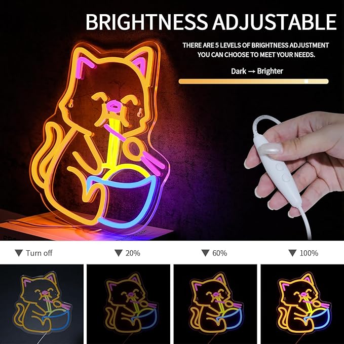 Cat Ramen Neon Sign for Wall Decor Dimmable Led Lights Signs Cat LED Signs for Home Bar Yellow Noodles Neon Light Room Decor for Bedroom Kitchen Restaurant Gift USB Powered