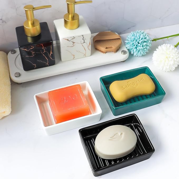 White Ceramic Soap Dish for Shower, Minimalist Soap Dish for Bathroom Sink and Bathtub, Non-Slip Soap Holder with Drainage, Classic Modern Style Soap Bar Tray Adds Beauty to Bathroom