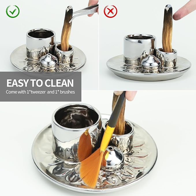 Palo Santo Sticks Holder, Multi-Purpose Handmade Ceramic Incense Burner for Palo Santo Incense Sticks, Sage Holder for Burning, Ash Catcher Tray for Meditation Yoga Room (Sliver)