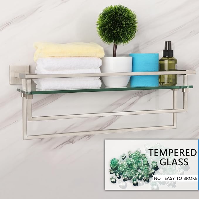 Bathroom Shelves Glass Shelf with Bar 20 Inch Floating Tempered Glass Shelf with 2 Towel Rails for Modern Shower Bath Storage Glass Rack Wall Mounted Stainless Steel Brushed Nickel，A7617BN
