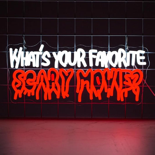 What's Your Favorate Scary Movie Neon Sign, Horror Movies Neon Signs For Wall Decor, Gothic Led Light Up Signs for Room Bar Man Cave Movie Night Party Halloween Decorations Gifts
