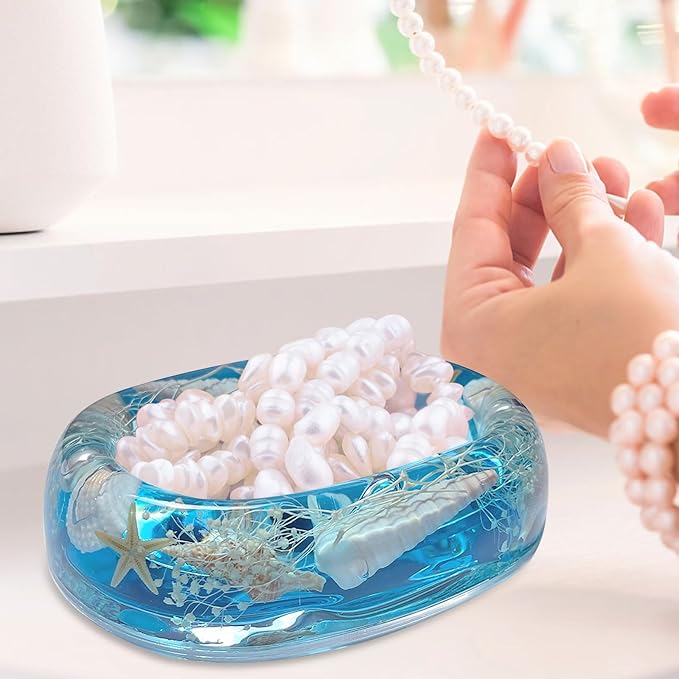 FONMY Soap Dish Acrylic w/Nature Seashell Bar Soap Holder Shower Soap Tray for Home, Camping Travel, Dry Stop soap Saver for Bathroom Vanity Countertop Office Unique Gifts and Home Decoration (Blue)