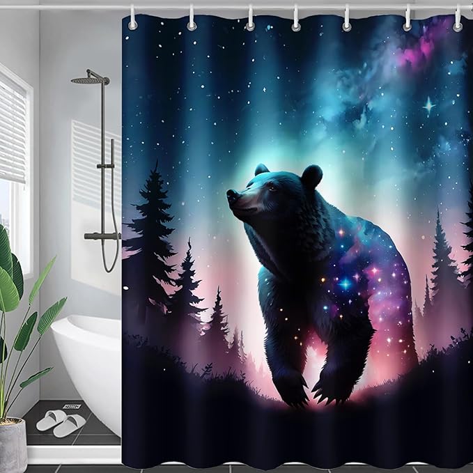 AILONEN 3D Bear Shower Curtain for Bathroom,Evening Starry Black Bear Printed Bath Curtain,Forest Wildlife Decoration Shower Curtain Waterproof 60" W*72" H