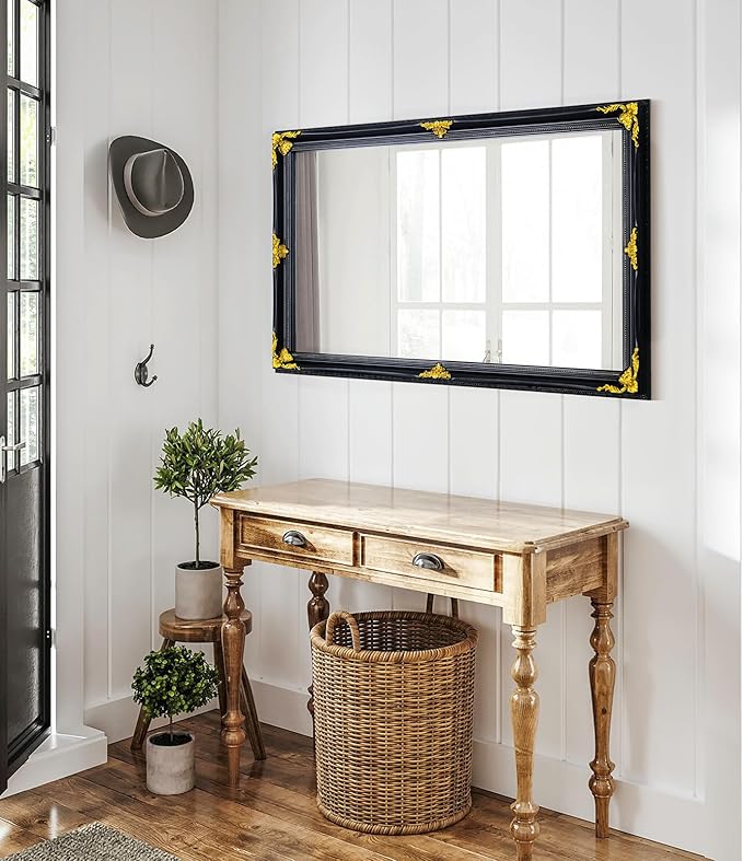 Vintage Mirror Wall Decor, 31" x 19" Black and Gold Decorative Antique Mirror with Ornate Baroque Wood Frame for Bathroom, Entryway, Living Room Over Couch