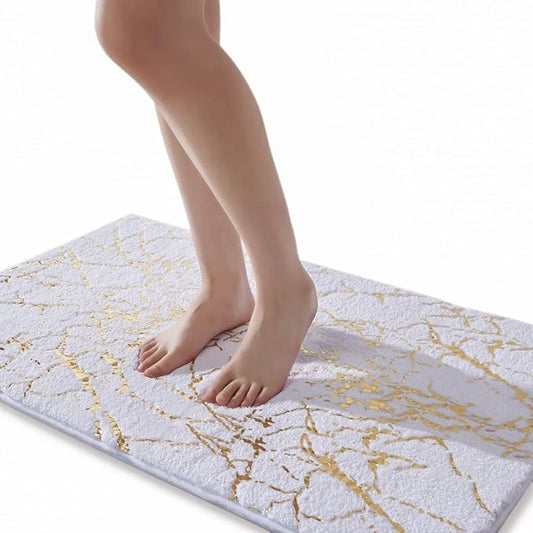 QJHOMO Marble Bathroom Runner Rug Gold Decor Long Bathroom Rugs White Bath Mat Non Slip Super Absorbent Bathmat Machine Washable Floor Carpet for Tub, Shower, Bedroom (24x48 inch)