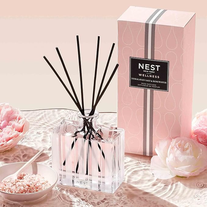 NEST New York Reed Diffuser, Himalayan Salt & Rosewater - 5.9 fl oz - Fragrance for Up to 90 Days - Reusable, Refillable Glass Holder - Includes 8 All-Natural Reed Sticks - Flame Free