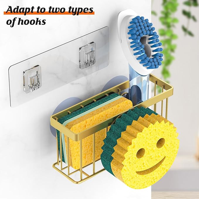 Sponge Holder Smiley Face, Sink Caddy for Kitchen Sink, Sink Organizer Sponge Holder with 2 PCS Suction Cups/1 PCS Adhesive Strips, Designed for Sponge, Soap, Dish Brush, Scrubber-Gold