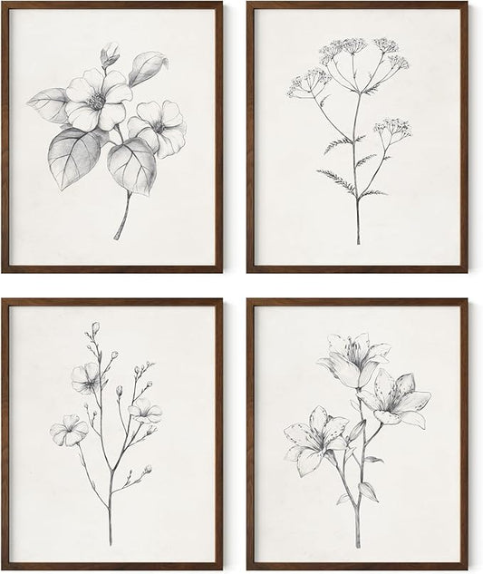 Haus and Hues Grey Floral Wall Art - Set of 4 Plant Posters for Wall Vintage, Botanical Prints, Black and White Flower Pictures for Room Aesthetic, Farmhouse Bathroom, Rustic Art (16x20, Framed