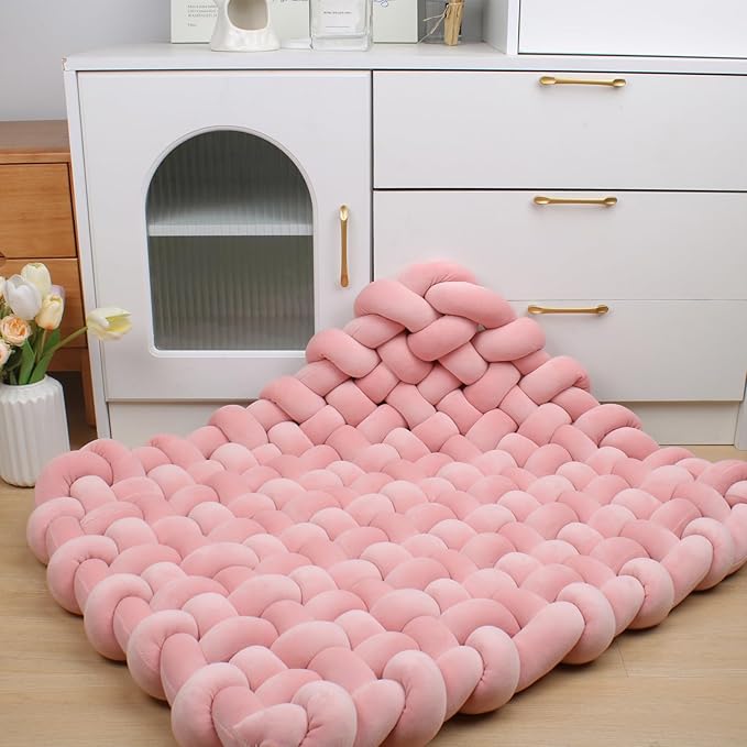 XHJRI Thickened Braided Knot Seat Mat, Knotted Floor Decorative Cushion, Handmade Baby Infant Playing Pad Nursery Rug (27.5 * 31.5 Inch,Rose Gold)