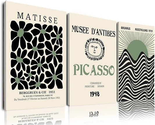 Sage Green Matisse Wall Art Set of 3, Abstract Matisse Wall Art Posters Decor, Minimalist Framed Wall Art Geometric Line Sun Rising Green Canvas Artwork Paintings, Bedroom, Office