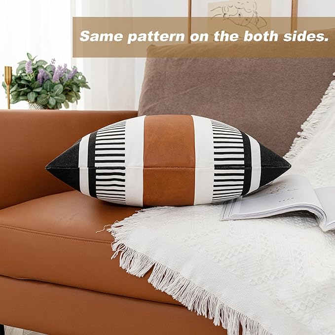 Farmhouse Stripe Throw Pillow Cover 26x26 Large Accent Cushion Cover Black and White Faux Leather Decorative Pillowcase for Sofa Couch Chair Bedroom Modern Decor,Black