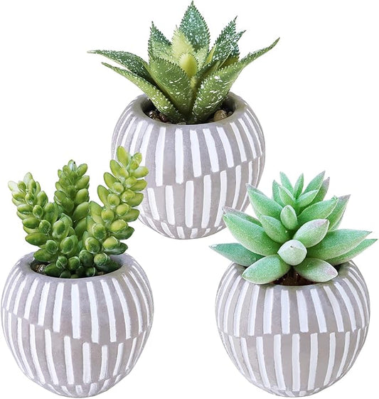 Winlyn Set of 3 Artificial Succulents Plants in Mini Gray and White Geometric Cement Pots Faux Potted Plants Aloe Pachyphytum Succulent Donkey Tail Small Plant for Home Office Table Shelf